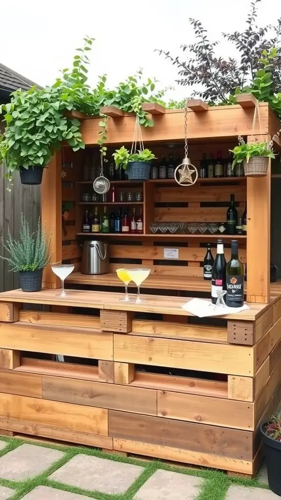29 Affordable DIY Patio Furniture Ideas for Your Outdoor Space 30 A DIY garden bar made from wooden pallets, featuring hanging plants, drinks, and a spacious countertop.