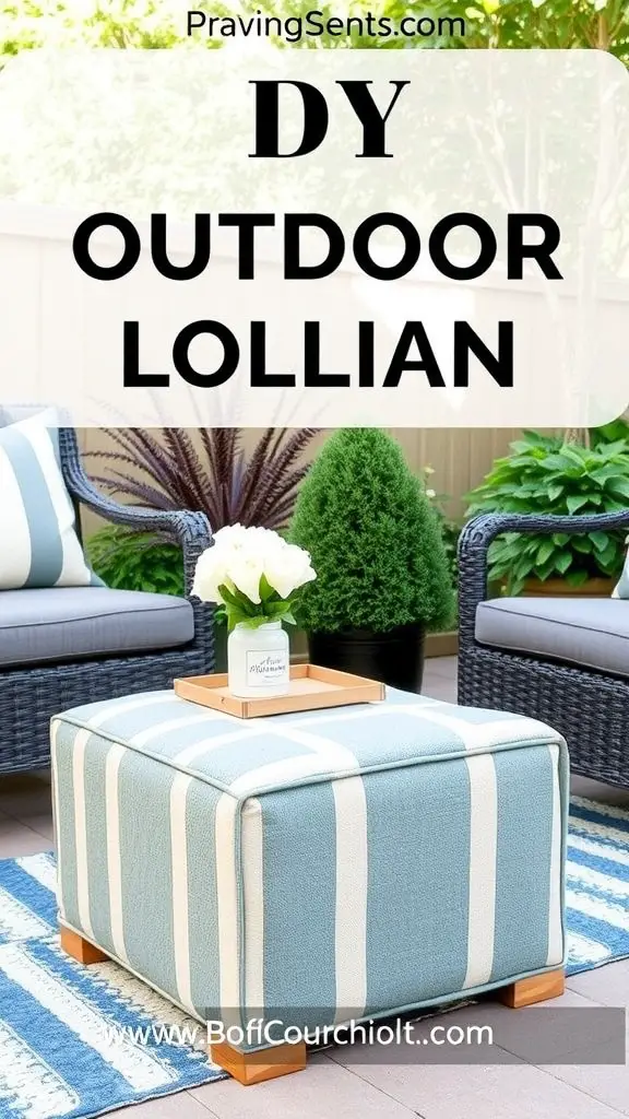 29 Affordable DIY Patio Furniture Ideas for Your Outdoor Space 4 DIY outdoor ottoman with a striped fabric pattern and wooden legs, placed on a patio.
