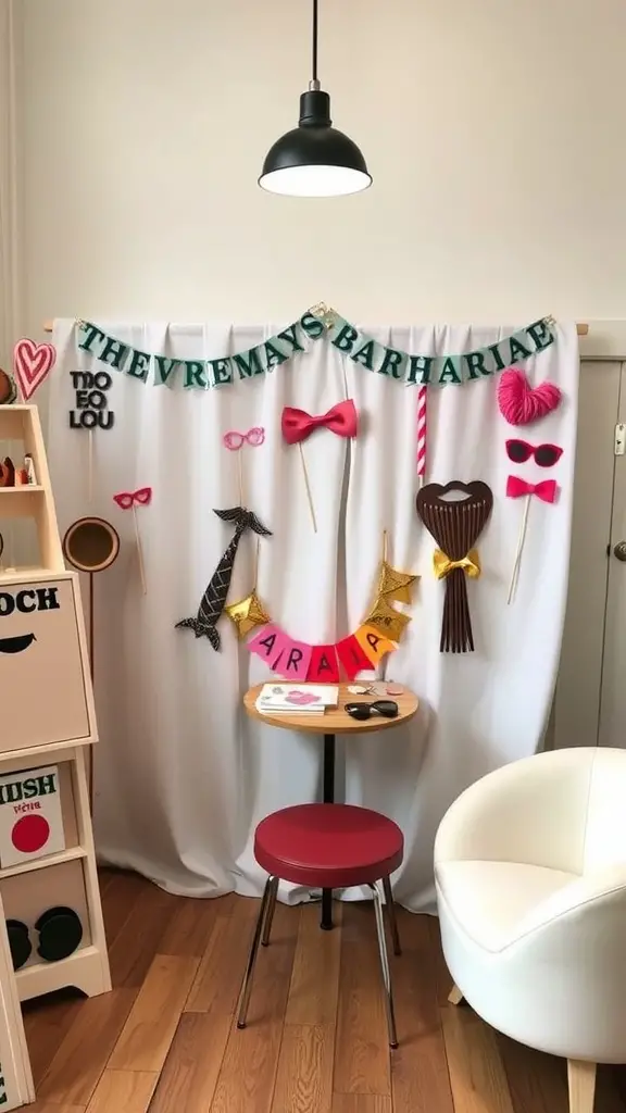 25 Creative Mother's Day Brunch Decor Ideas for Home 12 A DIY photo booth corner with colorful props and a cheerful backdrop.