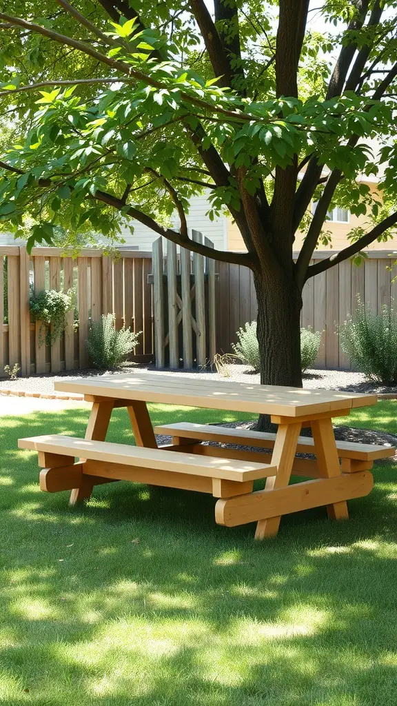 29 Affordable DIY Patio Furniture Ideas for Your Outdoor Space 32 A wooden picnic bench in a green lawn, shaded by a tree.