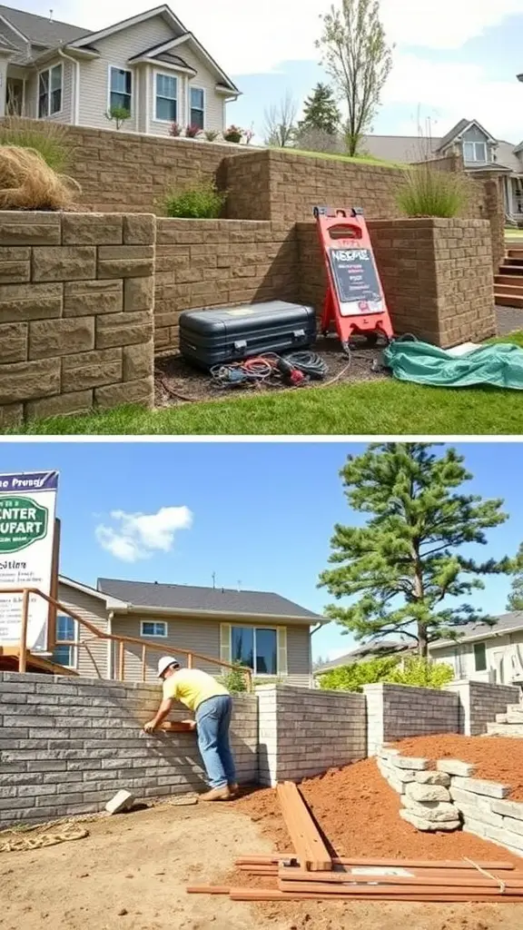 Image showing two stages of retaining wall construction: a completed wall and a worker building another wall.