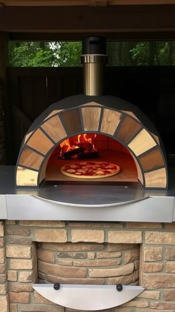 A wood-fired pizza oven with a pizza inside, surrounded by a stone base and a wooden arch.