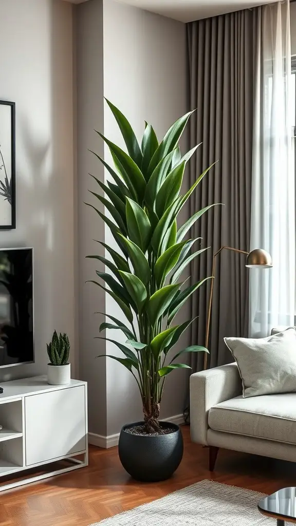 A tall Dracaena plant in a living room corner next to a sofa, adding a dramatic touch to the decor.