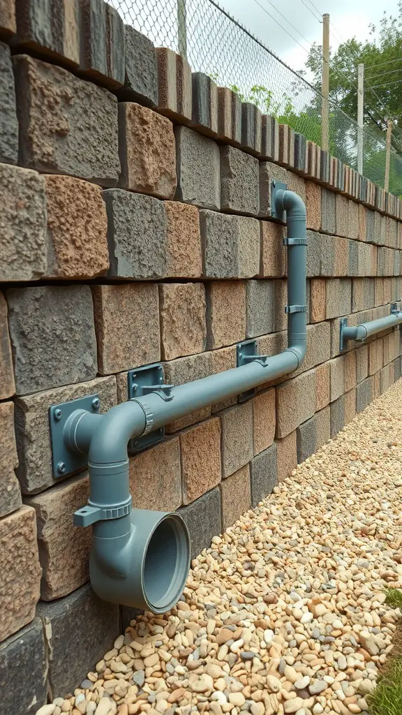Drainage pipes along a retaining wall with gravel