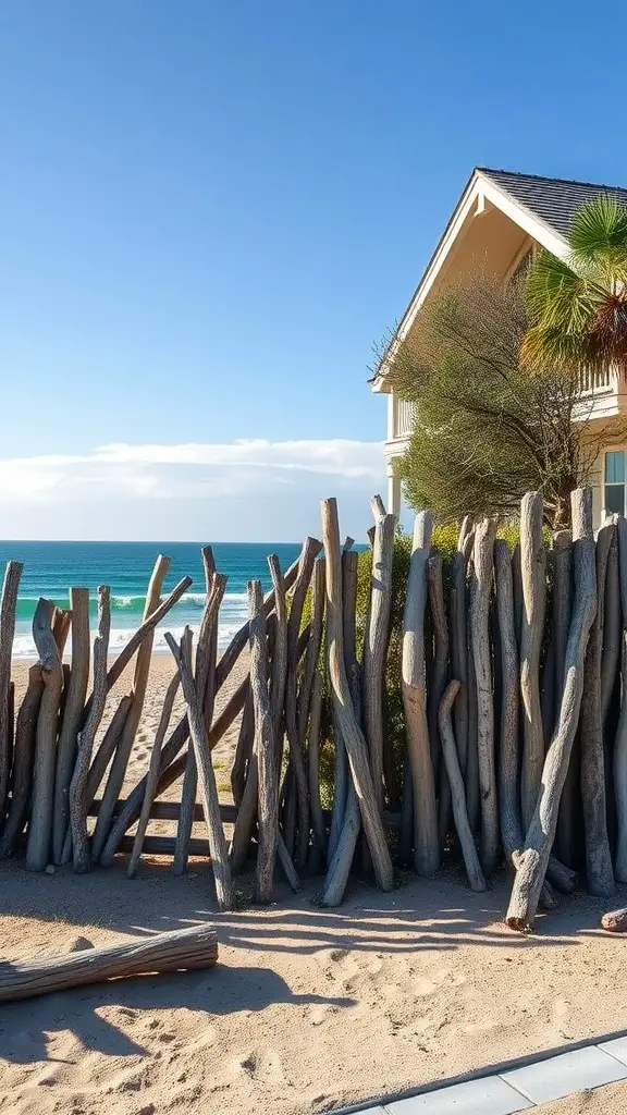 27 Affordable DIY Fence Ideas to Transform Your Yard 27 A rustic driftwood fence along a sandy beach, with a house in the background and waves in the distance.