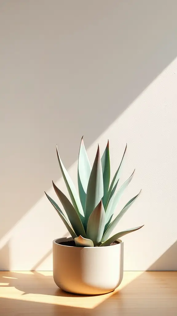 19 Stunning Container Plants for Full Sun Gardens 16 A potted agave plant with bluish-green leaves in a minimalistic setting, illuminated by sunlight.