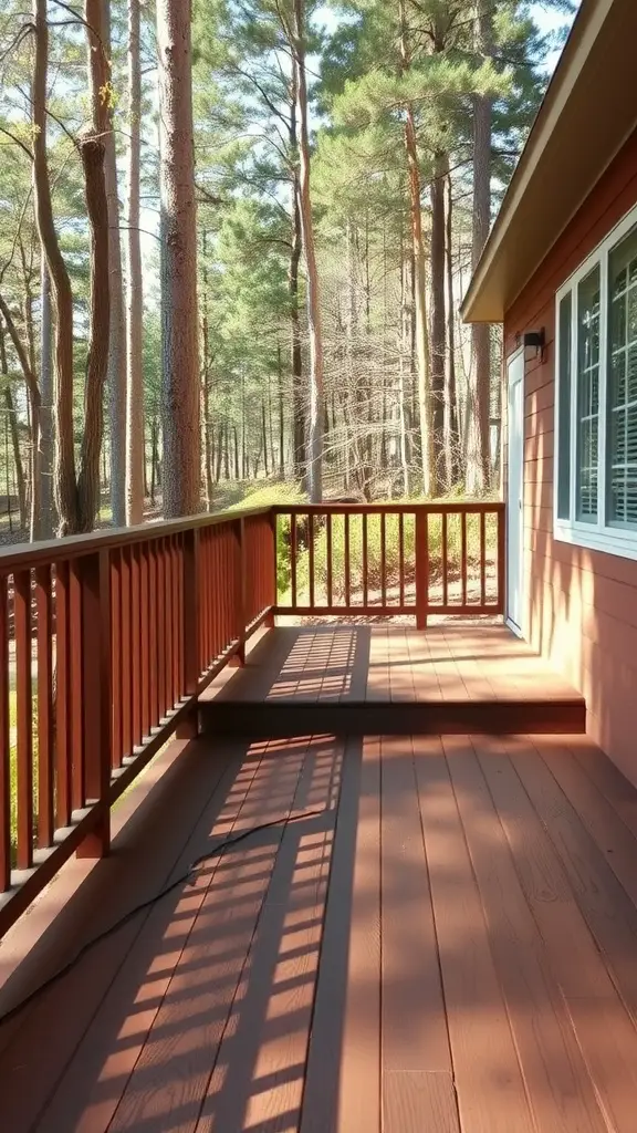 15 Stunning Deck Stain Colors to Transform Your Outdoor Space 6 A wooden deck stained in earthy chestnut color with trees in the background.