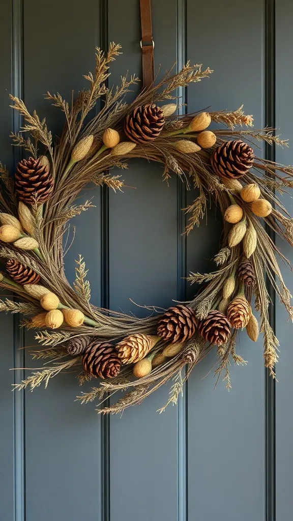27 Creative Wreath Ideas for Mother's Day 27 Earthy pinecone wreath with natural elements hanging on a door