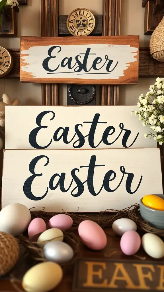 Easter-themed stenciled signs with pastel colored eggs