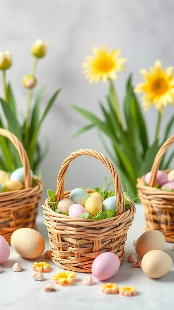 Colorful Easter baskets filled with eggs and surrounded by decorative flowers.