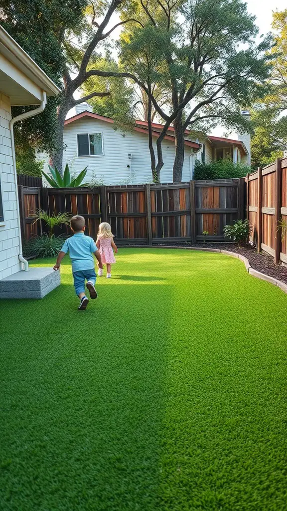 17 Creative Grass Alternative Backyard Ideas for a Stunning Outdoor Space 9 Two children running on a bright green artificial turf in a backyard