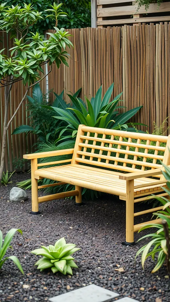 25 Creative Garden Bench Ideas to Enhance Your Outdoor Space 12 A bamboo garden bench surrounded by green plants and a wooden fence.