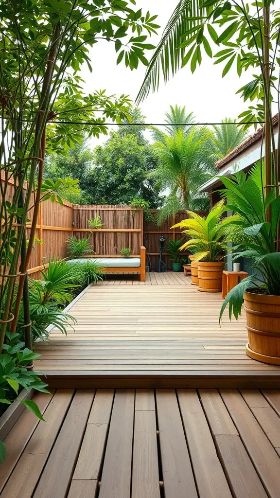 15 Creative Garden Decking Ideas for Your Outdoor Space 4 A serene bamboo deck surrounded by lush green plants.