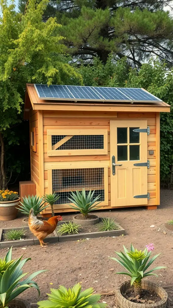 17 Creative Walk-In Chicken Coop Ideas You'll Love 11 An eco-friendly chicken coop with solar panels surrounded by greenery and plants