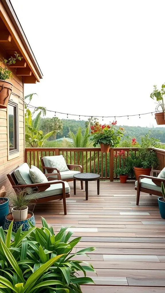 17 Stunning Modern Deck Ideas for Your Outdoor Space 10 A cozy deck featuring eco-friendly materials, comfortable seating, and vibrant plants.