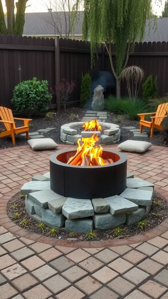 17 Inspiring Backyard Patio and Fire Pit Ideas 4 Eco-friendly fire pit made from recycled materials surrounded by natural stones and Adirondack chairs.