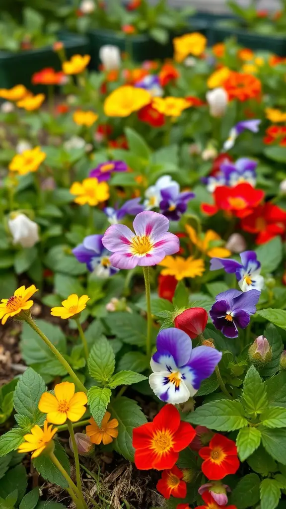 21 Beautiful Small Flower Bed Ideas for a Stunning Garden 15 A colorful flower bed featuring a variety of edible flowers like pansies and nasturtiums in vibrant colors.