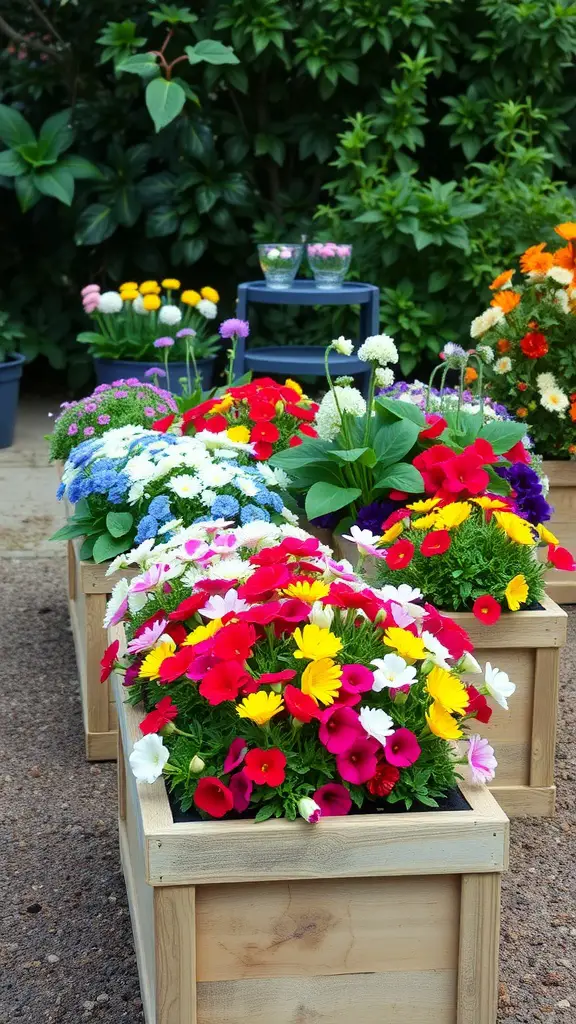 23 Stunning Planter Box Flower Combinations for Your Garden 16 A vibrant display of edible flowers in wooden planter boxes, showcasing a variety of colors and types.