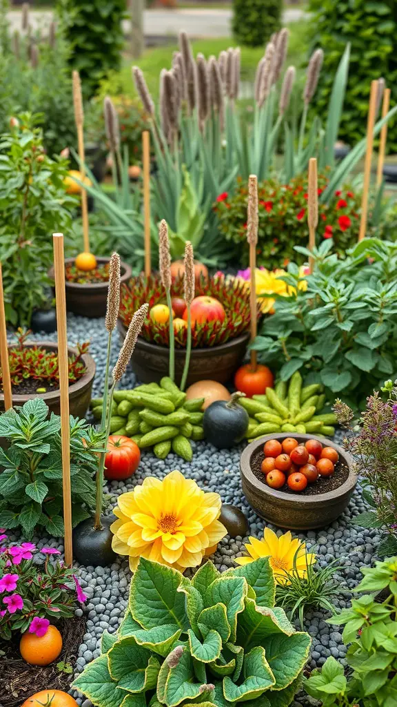 27 Creative Small Garden Plans for Limited Spaces 24 A colorful edible garden featuring various fruits, vegetables, and flowers arranged neatly.