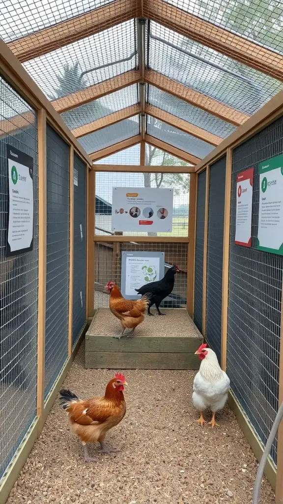 17 Creative Walk-In Chicken Coop Ideas You'll Love 12 Interior view of an educational chicken coop with three chickens and informational signs on the walls.