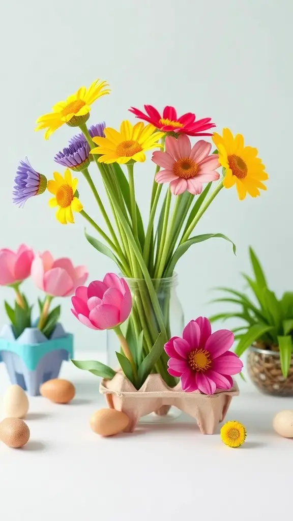 19 Creative Dollar Tree Easter Crafts Ideas to Try This Season 2 Colorful flowers made from egg cartons arranged in a vase with eggs and greenery surrounding them.