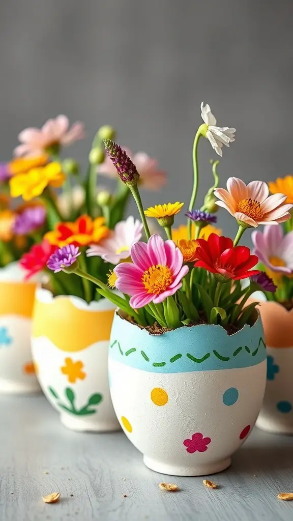 Colorful eggshell planters with flowers