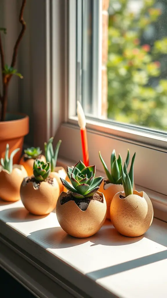 21 Spring DIY Crafts That Will Make Your Home Pop with Color! 15 Eggshells used as planters for small succulents on a window sill
