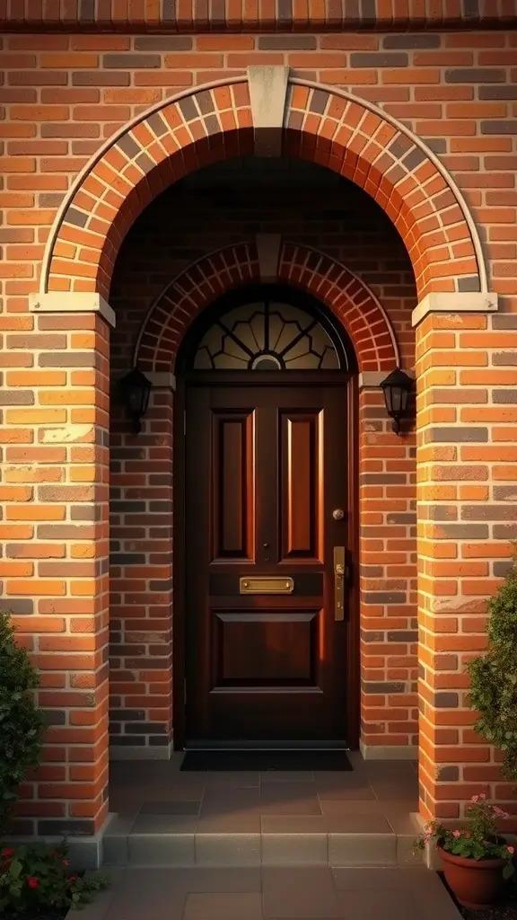 25 Stunning Brick Walkways to Enhance Your Front Door Curb Appeal 23 An elegant brick archway entrance leading to a dark wooden door, surrounded by greenery and soft lighting.