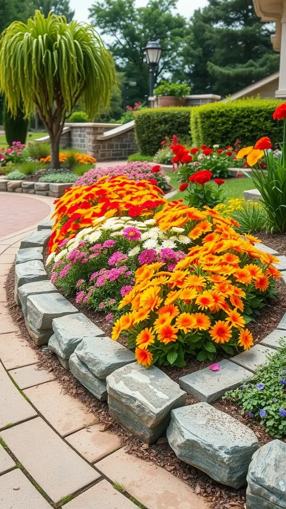 17 Creative Curved Flower Bed Ideas to Enhance Your Garden 6 Colorful flower bed with orange and pink flowers surrounded by curved stone edging
