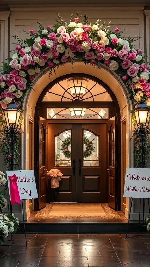 21 Creative Mother's Day Decor Ideas to Celebrate Mom 10 An elegantly decorated entrance for Mother's Day with flowers and welcoming signs.