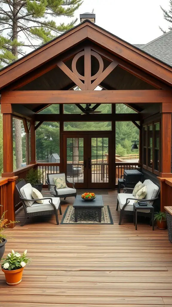 19 Creative Deck with Roof Ideas for Your Outdoor Space 2 A deck with a gabled roof featuring wooden beams, comfortable seating, and a natural setting.