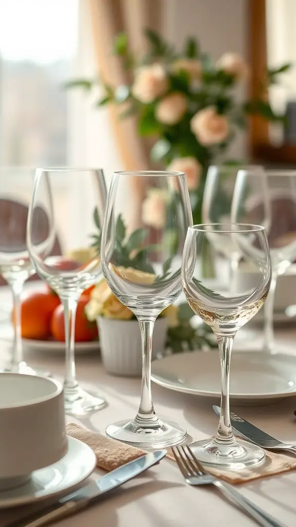 25 Creative Mother's Day Brunch Decor Ideas for Home 20 Table set with elegant glassware, fresh flowers, and fruits for a Mother's Day brunch.