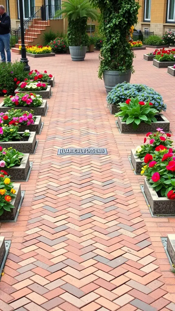 25 Stunning Brick Walkways to Enhance Your Front Door Curb Appeal 7 A herringbone brick walkway bordered by colorful flower beds, leading to a front door.