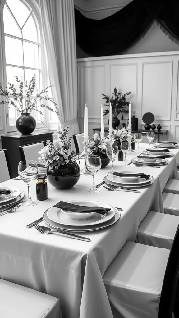 19 Stunning Summer Tablescape Ideas to Elevate Your Outdoor Dining 11 A beautifully set monochrome dining table with white tablecloth, black plates, and elegant floral arrangements.