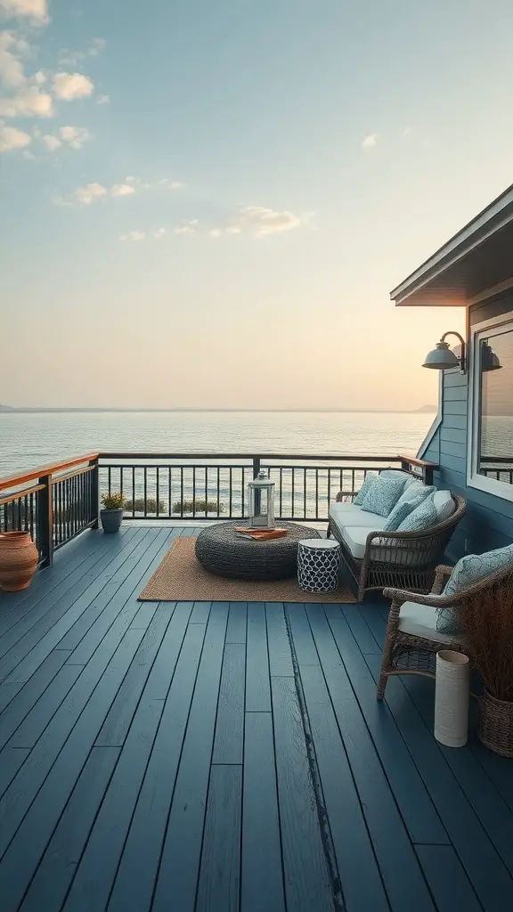 15 Stunning Deck Stain Colors to Transform Your Outdoor Space 8 A serene deck painted in slate blue, featuring comfortable seating and a coastal view.