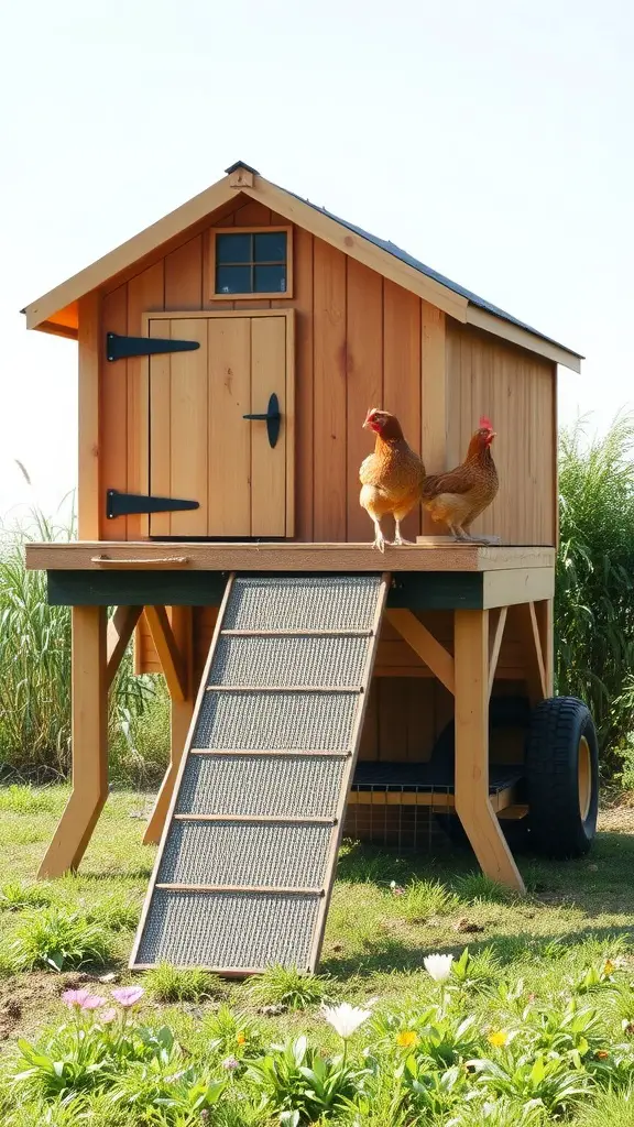 17 Creative Walk-In Chicken Coop Ideas You'll Love 9 An elevated chicken coop made of wood with a ramp and two chickens in front.