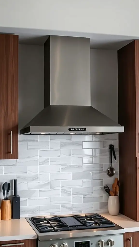 29 Stunning Kitchen Makeover Ideas for a Fresh Look 12 A modern stainless steel range hood above a gas stove with a stylish backsplash.