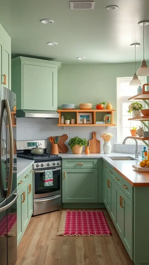29 Stunning Sage Green Kitchen Cabinet Ideas for a Fresh Look 19 A kitchen with sage green cabinets, natural wood accents, and colorful decor.