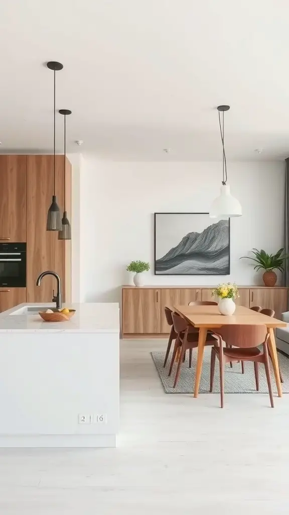 29 Stunning Kitchen Makeover Ideas for a Fresh Look 29 A modern kitchen with wooden cabinetry, a white countertop, a dining table, and stylish lighting fixtures.