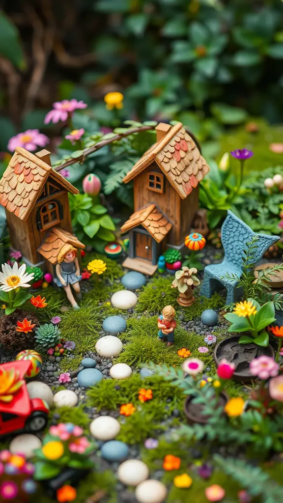 27 Creative Small Garden Plans for Limited Spaces 15 A miniature fairy garden featuring cozy cottages, colorful flowers, and playful figurines.