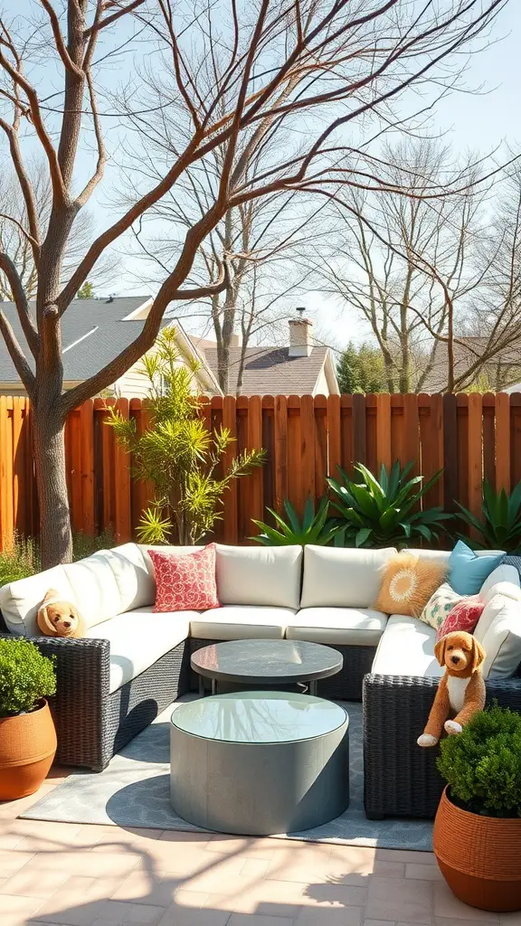27 Creative DIY Outdoor Sectional Ideas for Your Backyard Retreat 23 A family-friendly outdoor sectional with light cushions and playful stuffed dogs, surrounded by plants.