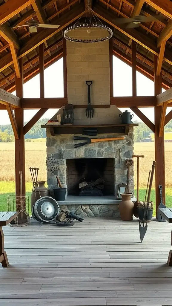 19 Cozy Outdoor Pavilion With Fireplace Ideas 20 Cozy farmhouse-style pavilion with a stone fireplace and rustic decor