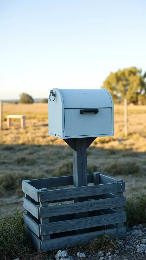 21 Creative DIY Mailbox Post Ideas for a Unique Curb Appeal 2 A farmhouse style mailbox with a wooden crate base situated in a rural area.