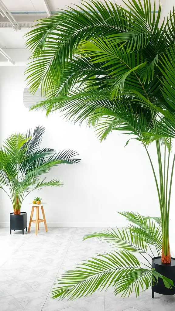 21 Stylish Decor Ideas with Fake Plants 6 Bright green faux palm leaves in pots, creating a tropical vibe in a modern interior setting.