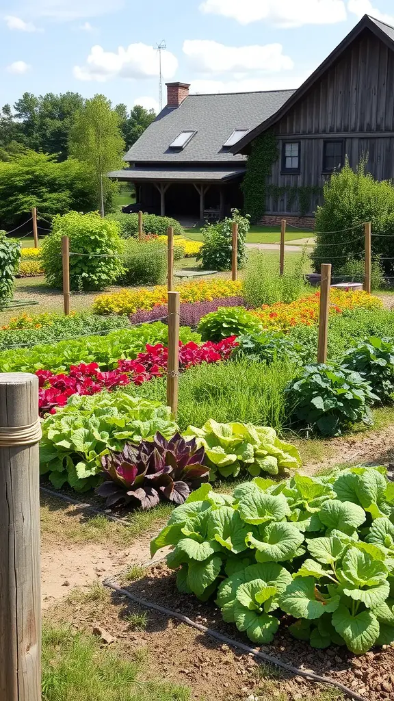 27 Charming Farmhouse Garden Ideas to Enhance Your Outdoor Space 15 A fenced vegetable garden with colorful plants and a farmhouse in the background