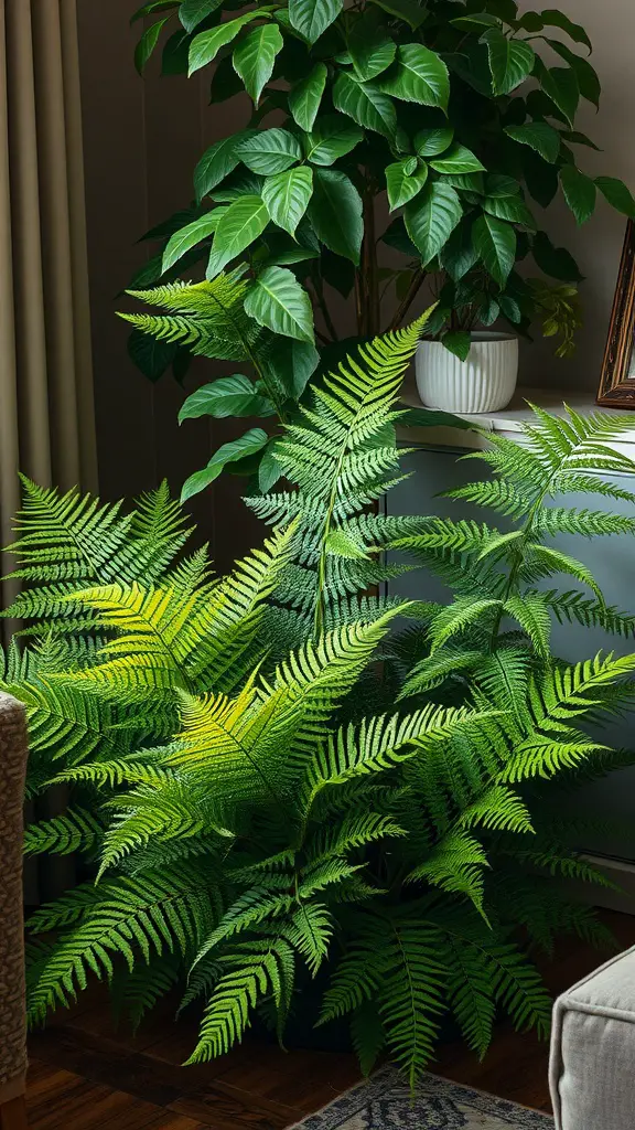 A lush arrangement of fern plants in a living room corner, creating a forest-like feel.