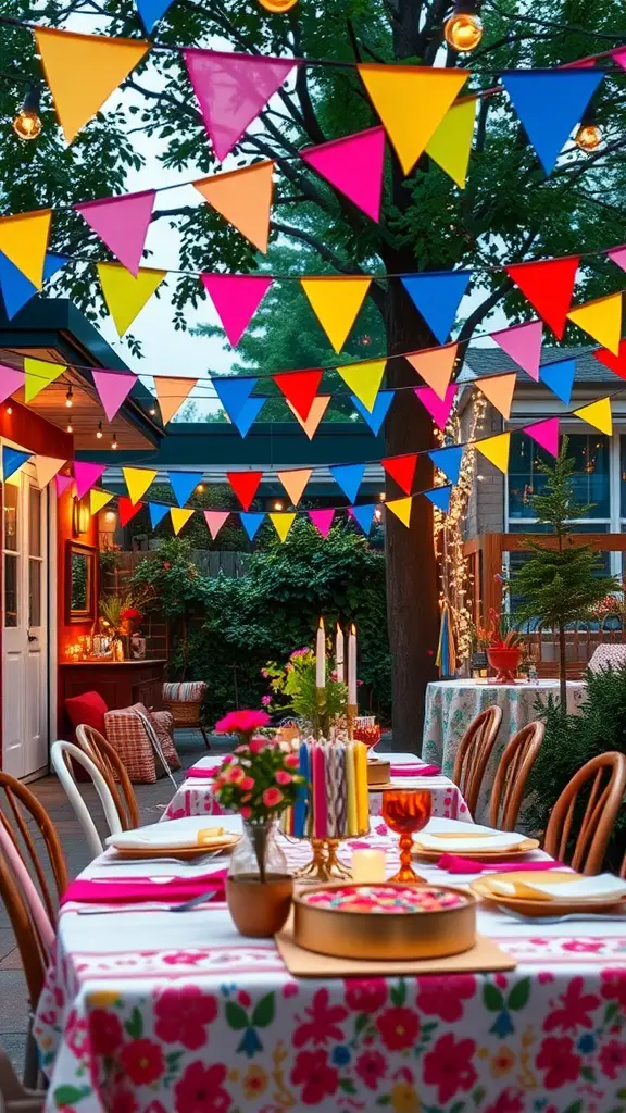 19 Stunning Summer Tablescape Ideas to Elevate Your Outdoor Dining 17 Festive outdoor dining setup with colorful bunting, floral tablecloths, and string lights.