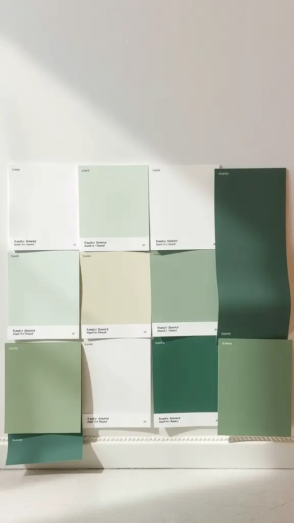 29 Stunning Sage Green Kitchen Cabinet Ideas for a Fresh Look 25 A collection of sage green paint samples arranged on a wall.