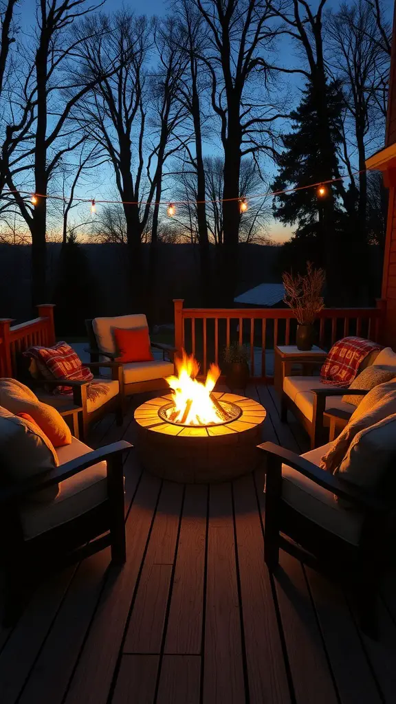 17 Stunning Modern Deck Ideas for Your Outdoor Space 7 Cozy fire pit area on a deck surrounded by chairs and trees at dusk.