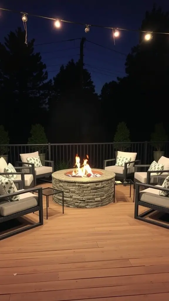 15 Inspiring Outdoor Deck Decorating Ideas to Transform Your Space 2 A cozy fire pit surrounded by comfortable chairs on a wooden deck, illuminated by string lights in the evening.